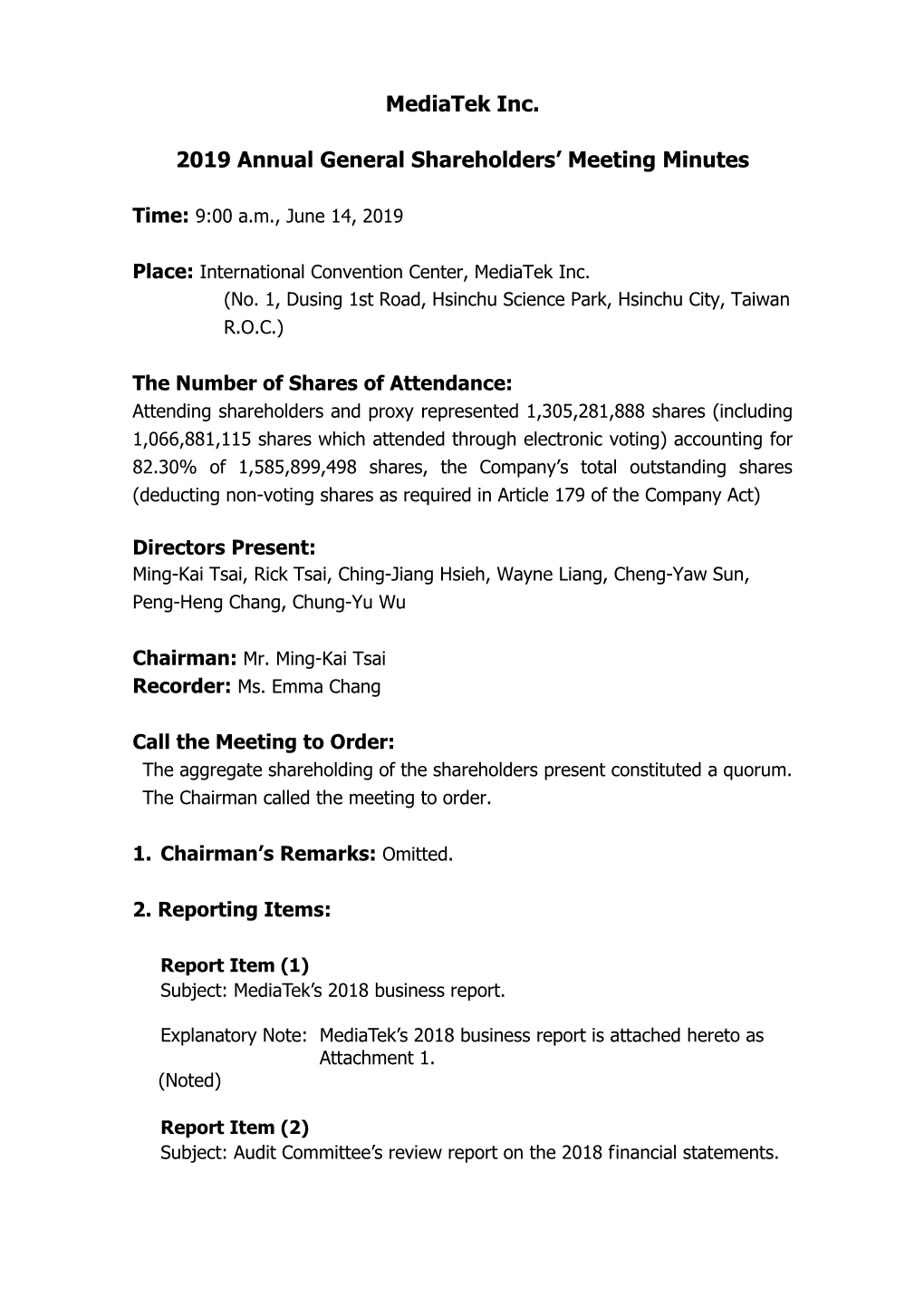 Mediatek Inc. 2019 Annual General Shareholders' Meeting Minutes