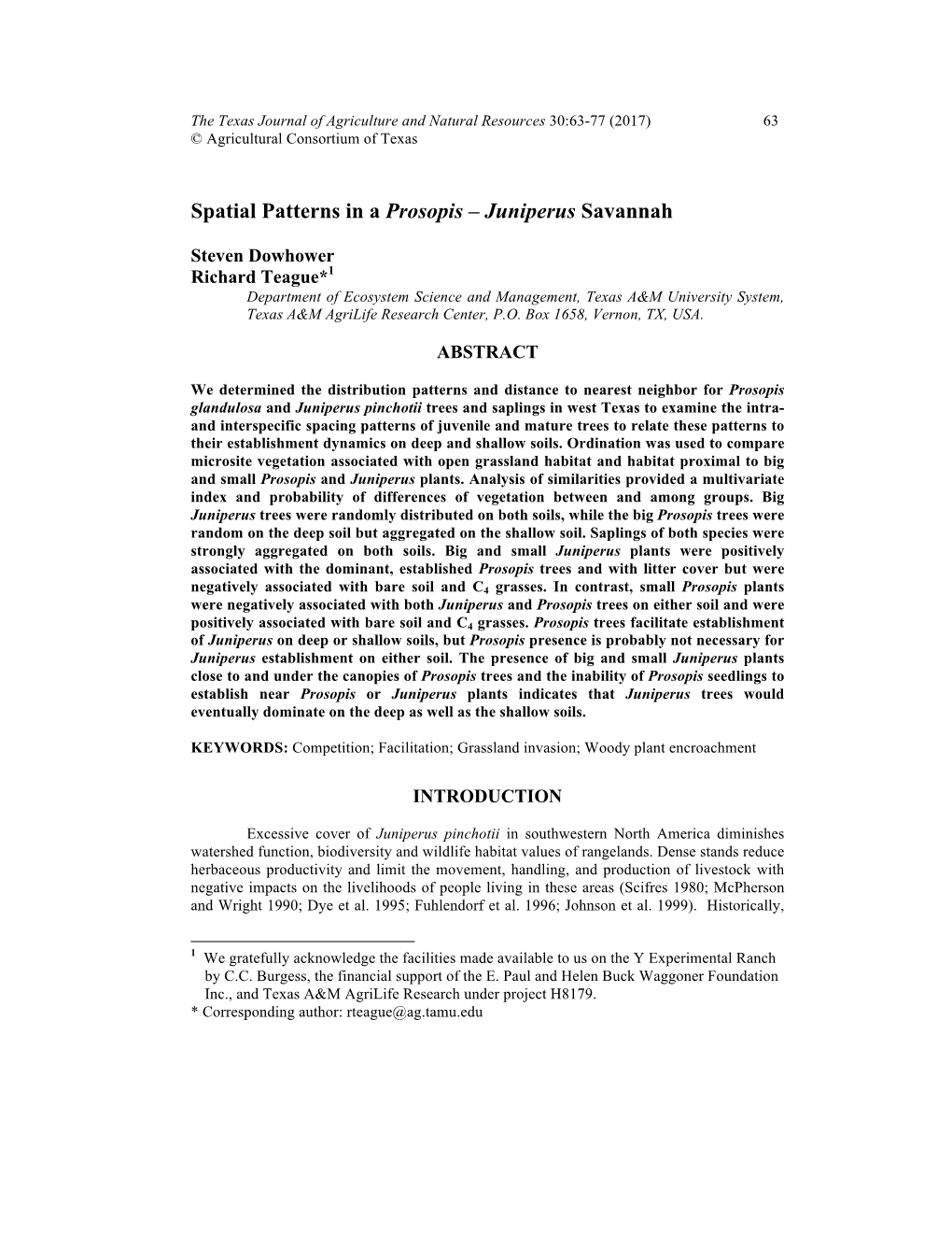 Spatial Patterns in a Prosopis – Juniperus Savannah