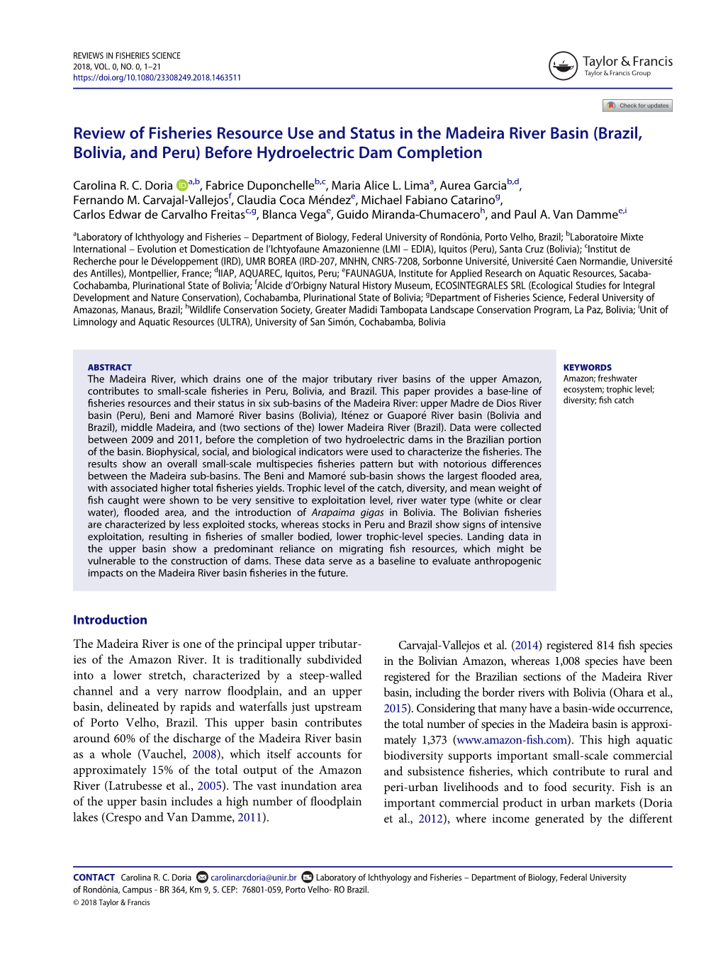 Review of Fisheries Resource Use and Status in the Madeira River Basin (Brazil, Bolivia, and Peru) Before Hydroelectric Dam Completion