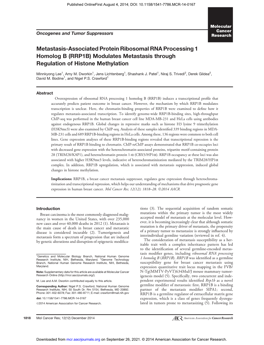 (RRP1B) Modulates Metastasis Through Regulation of Histone Methylation