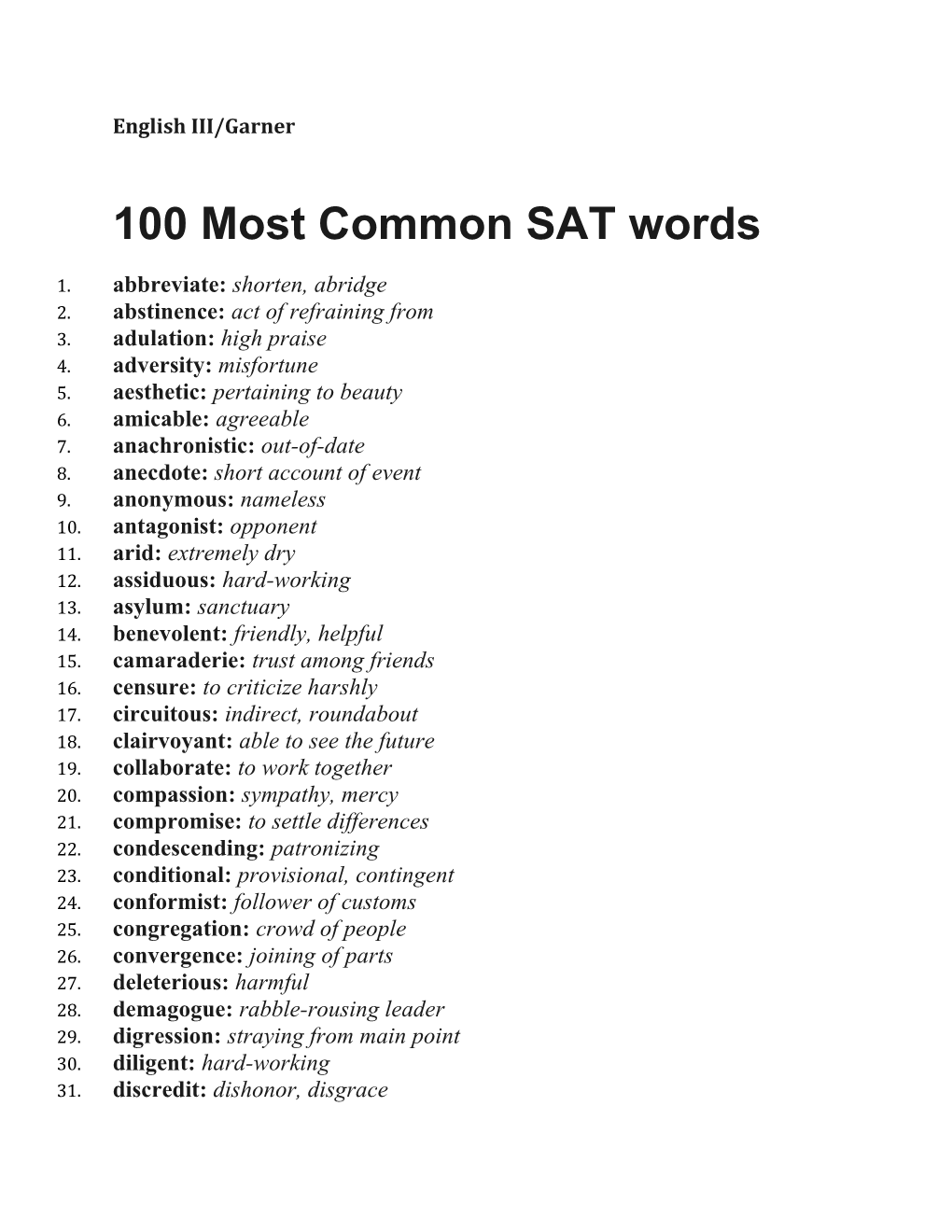 100 Most Common SAT Words