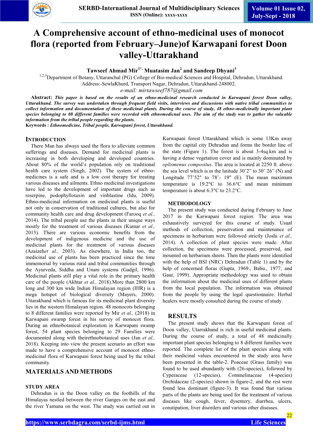 A Comprehensive Account of Ethno-Medicinal Uses of Monocot Flora (Reported from February–June)Of Karwapani Forest Doon Valley-Uttarakhand