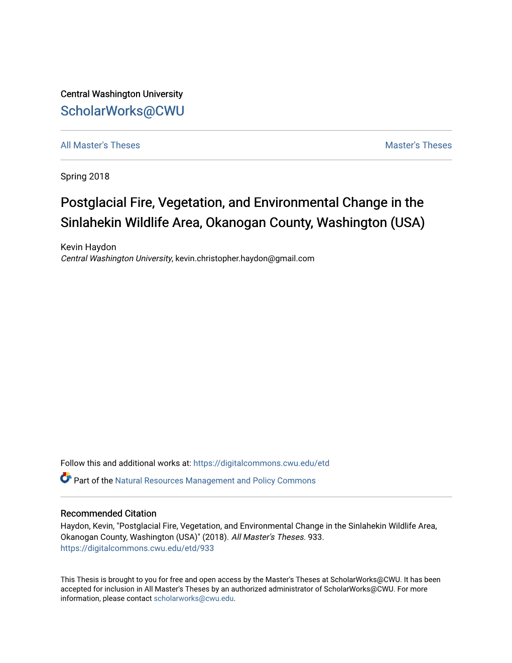 Postglacial Fire, Vegetation, and Environmental Change in the Sinlahekin Wildlife Area, Okanogan County, Washington (USA)