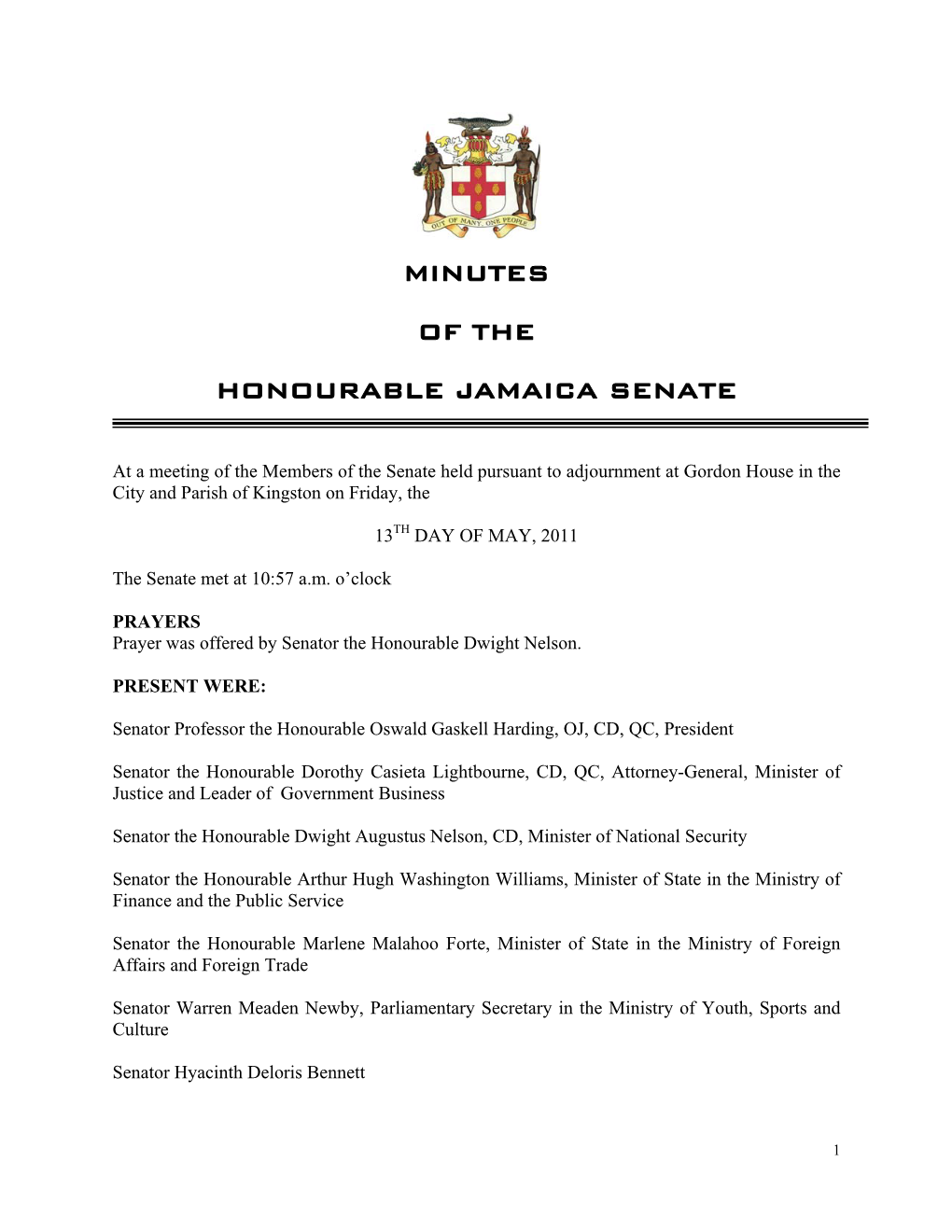 Minutes of the Honourable Jamaica Senate