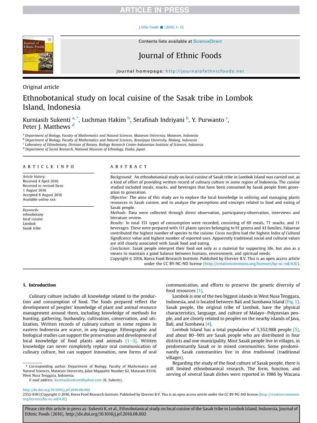 Ethnobotanical Study on Local Cuisine of the Sasak Tribe in Lombok Island, Indonesia