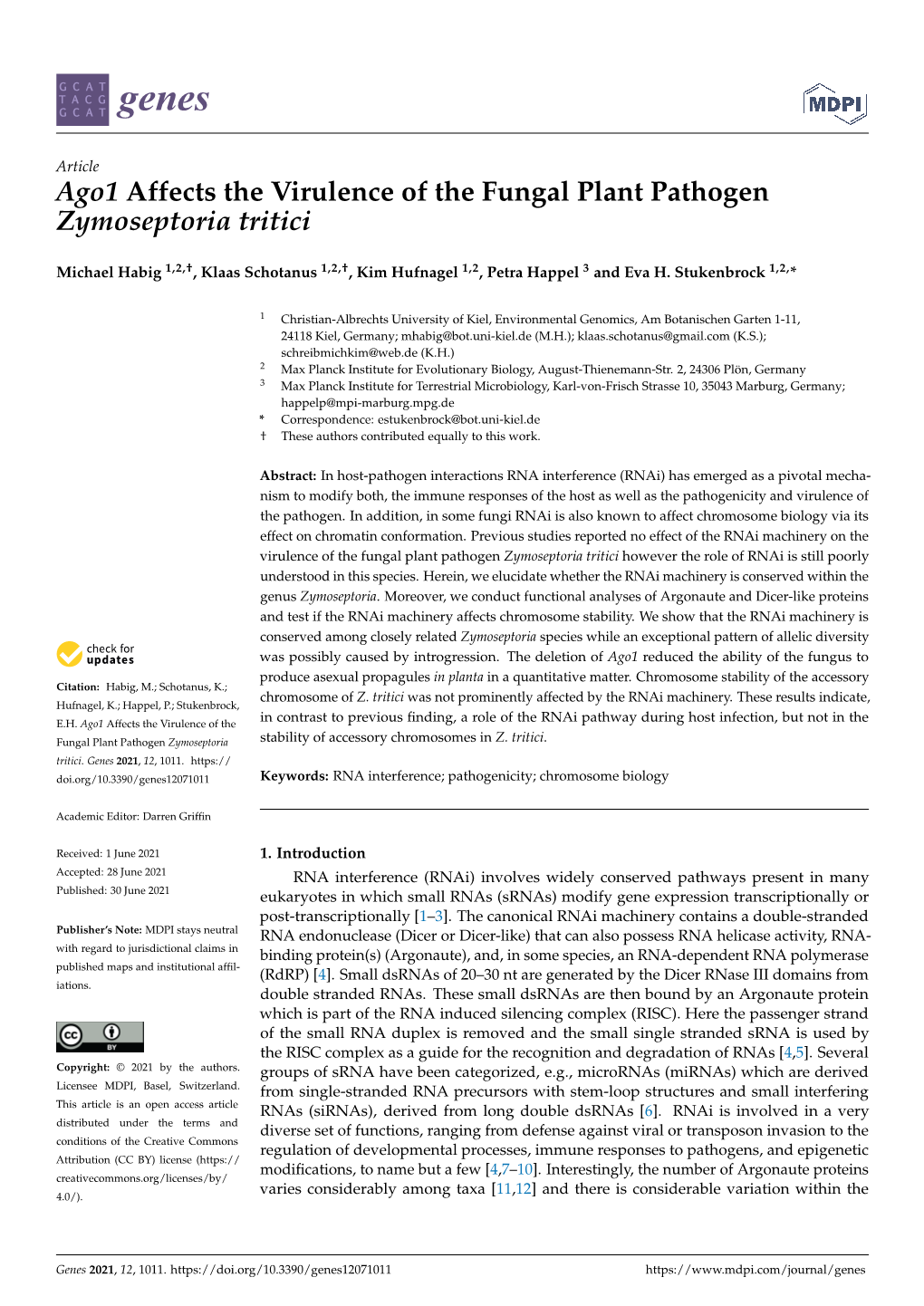 Ago1 Affects the Virulence of the Fungal Plant Pathogen Zymoseptoria Tritici