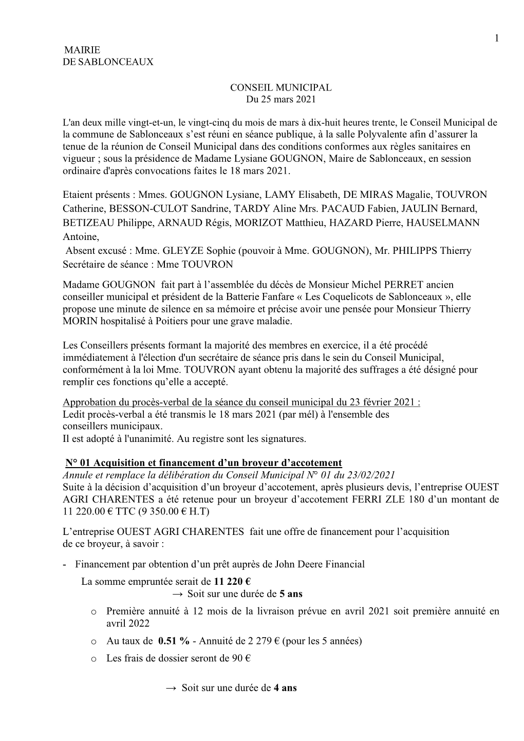 Compte Rendu Conseil Municipal Sablonceaux 25 Mars 2021
