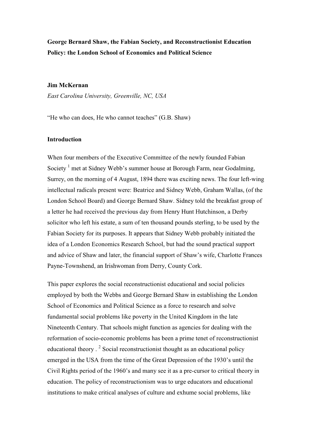 George Bernard Shaw, the Fabian Society, and Reconstructionist Education Policy: the London School of Economics and Political Science