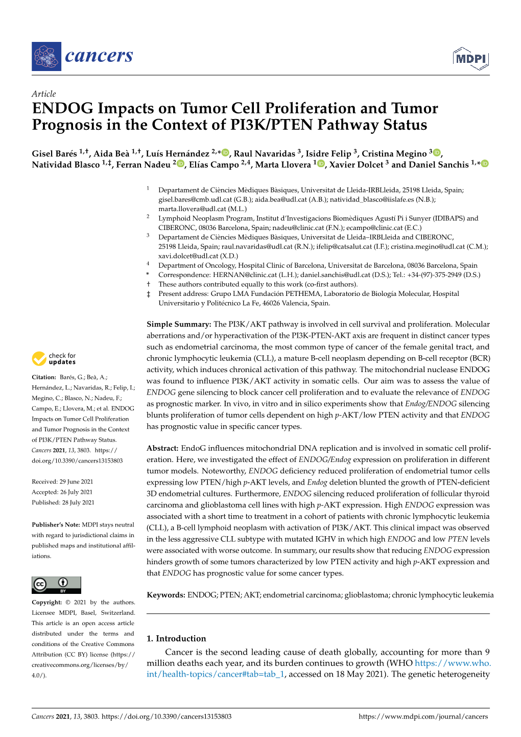 ENDOG Impacts on Tumor Cell Proliferation and Tumor Prognosis in the Context of PI3K/PTEN Pathway Status