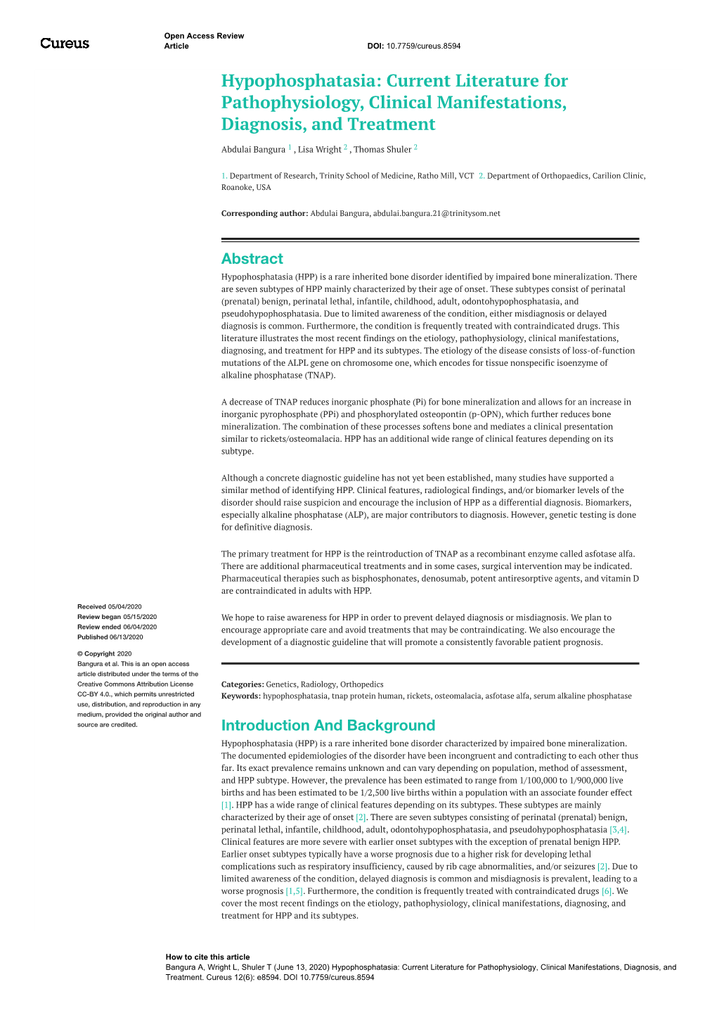 Hypophosphatasia: Current Literature for Pathophysiology, Clinical Manifestations, Diagnosis, and Treatment