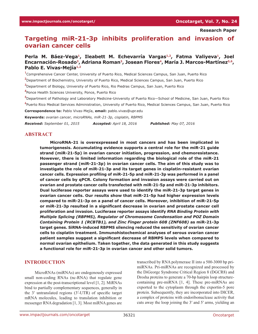 Targeting Mir-21-3P Inhibits Proliferation and Invasion of Ovarian Cancer Cells