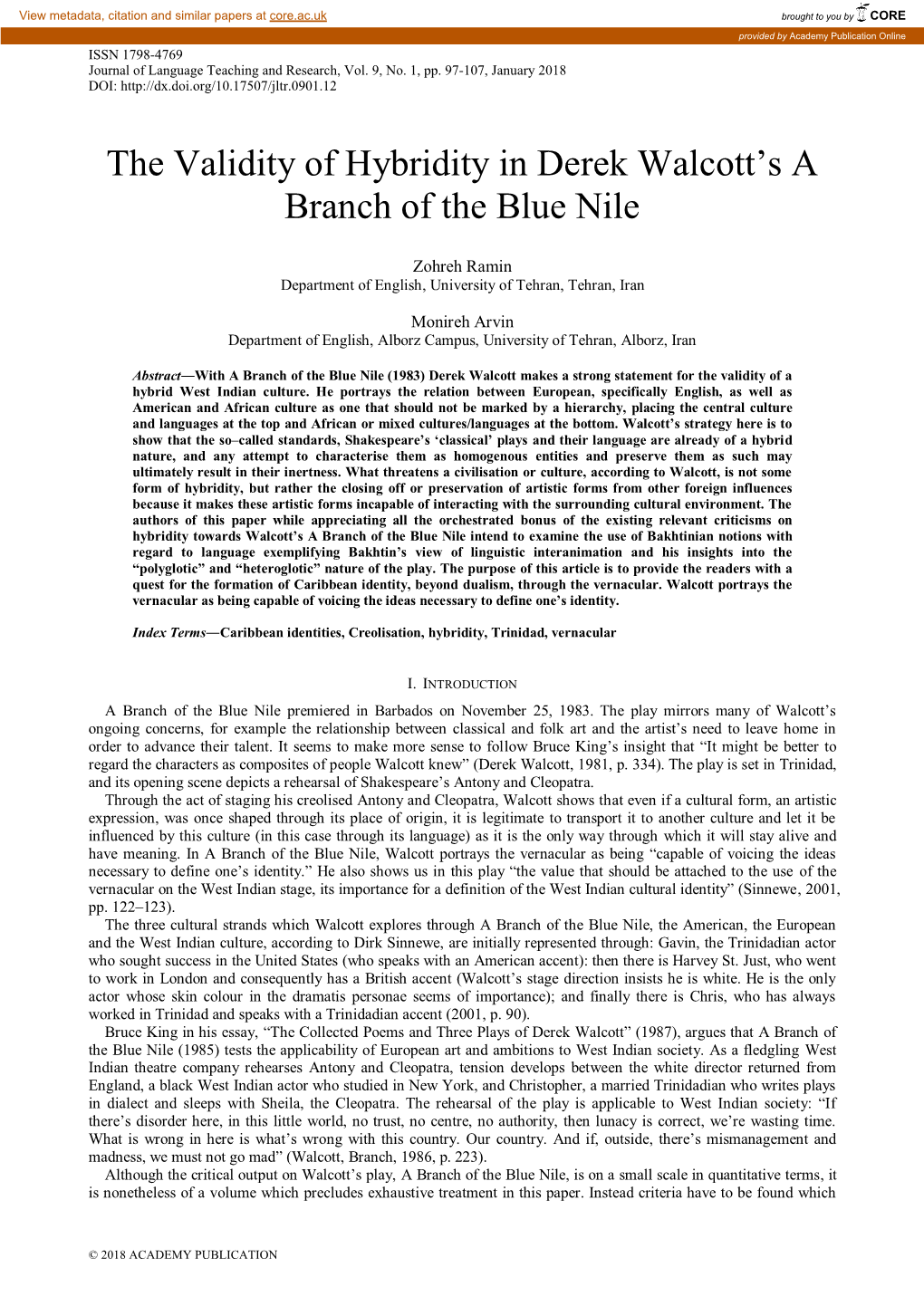 The Validity of Hybridity in Derek Walcott's a Branch of the Blue Nile