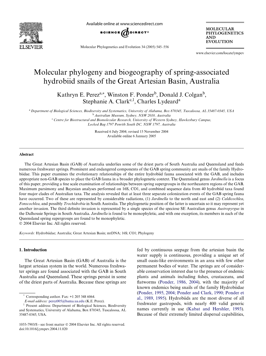 Molecular Phylogeny and Biogeography of Spring-Associated Hydrobiid Snails of the Great Artesian Basin, Australia