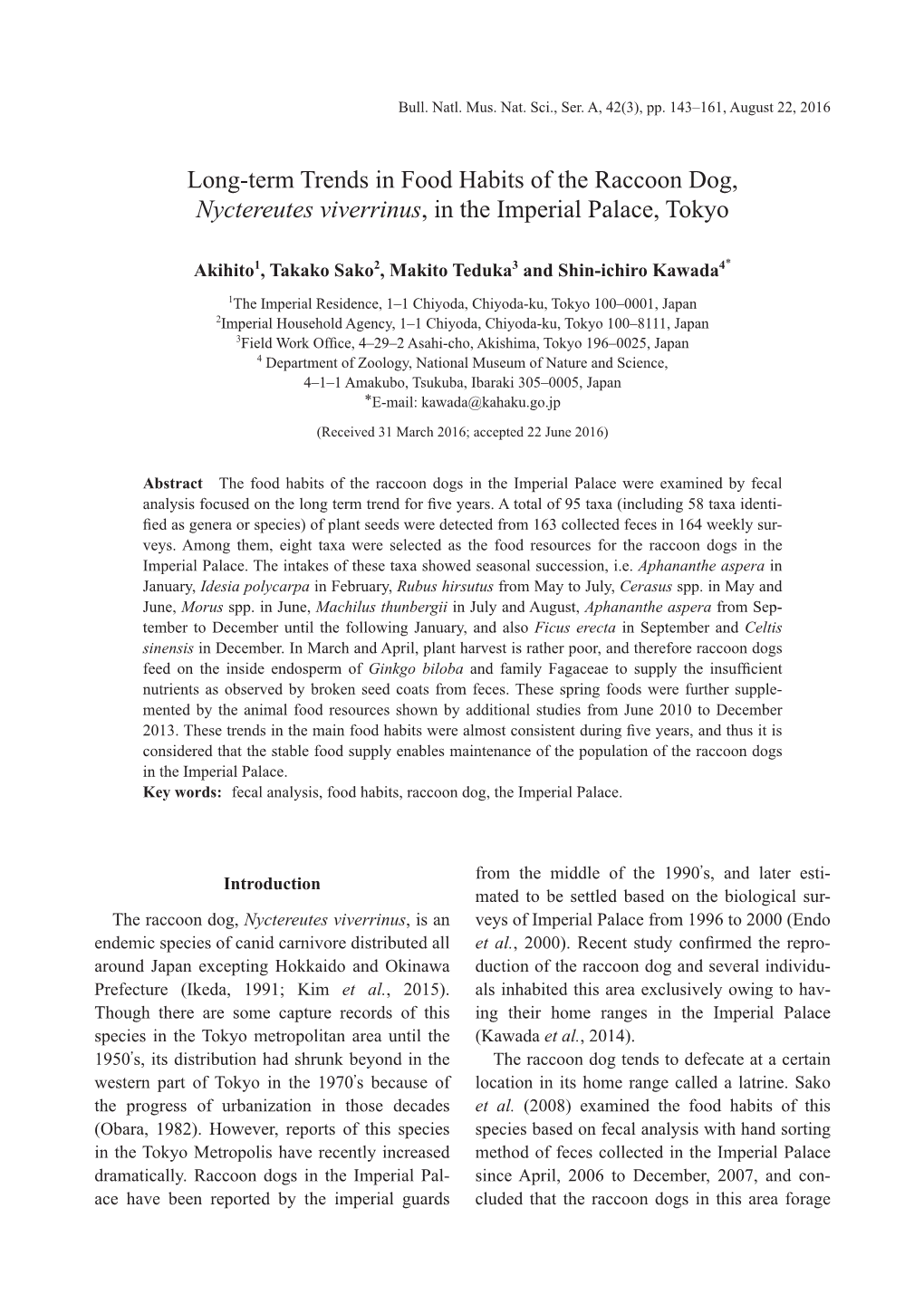 Long-Term Trends in Food Habits of the Raccoon Dog, Nyctereutes Viverrinus, in the Imperial Palace, Tokyo