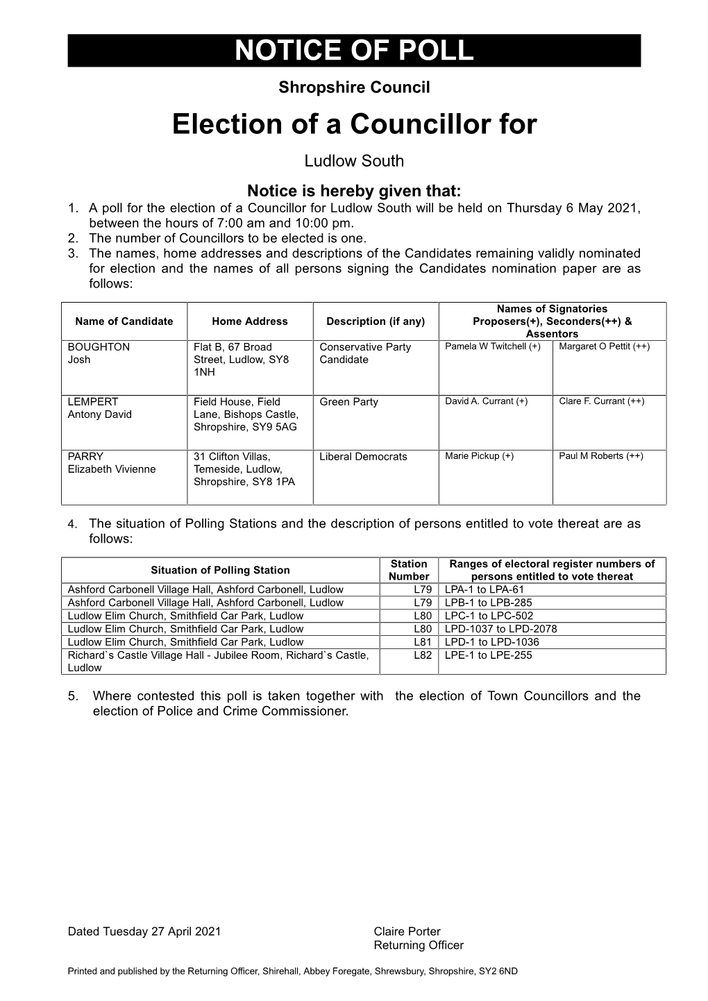 NOTICE of POLL Election of a Councillor