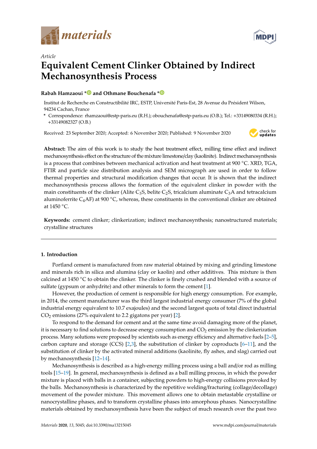 Equivalent Cement Clinker Obtained by Indirect Mechanosynthesis Process