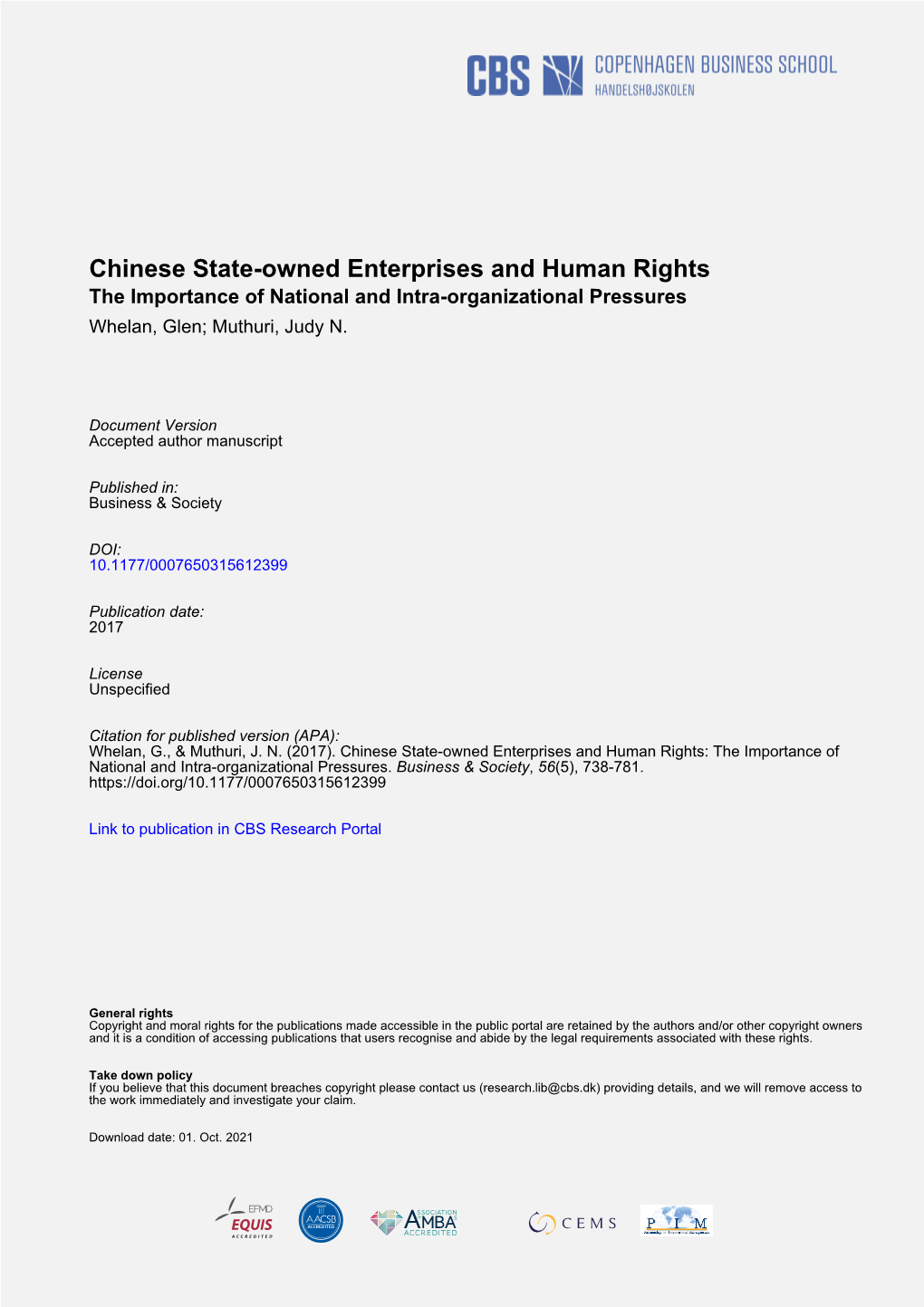 Chinese State-Owned Enterprises and Human Rights the Importance of National and Intra-Organizational Pressures Whelan, Glen; Muthuri, Judy N