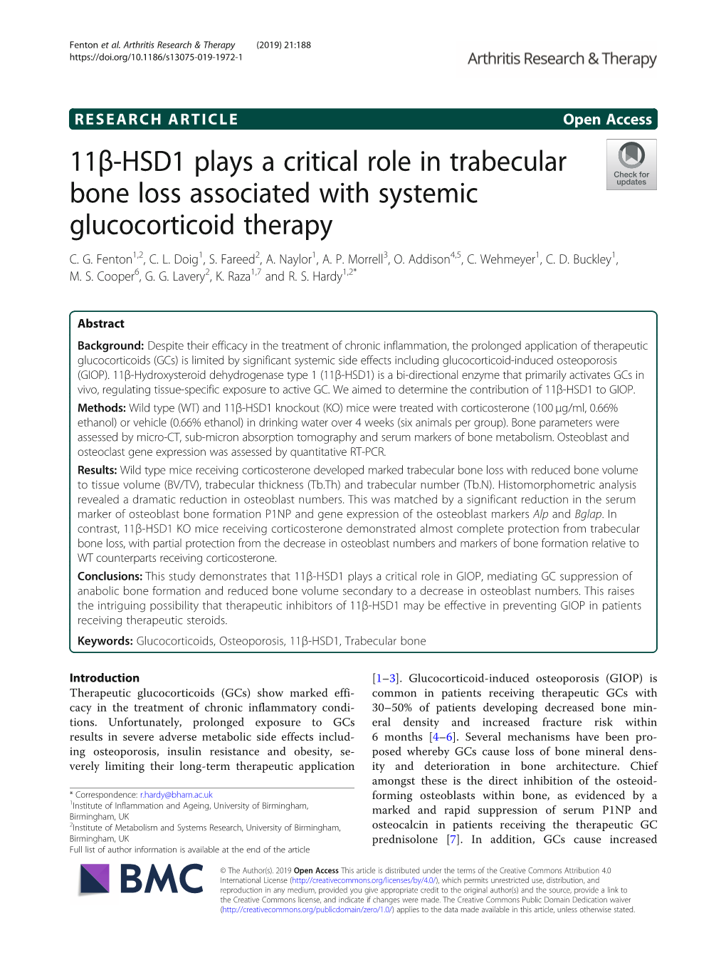 11Β-HSD1 Plays a Critical Role in Trabecular Bone Loss Associated with Systemic Glucocorticoid Therapy C