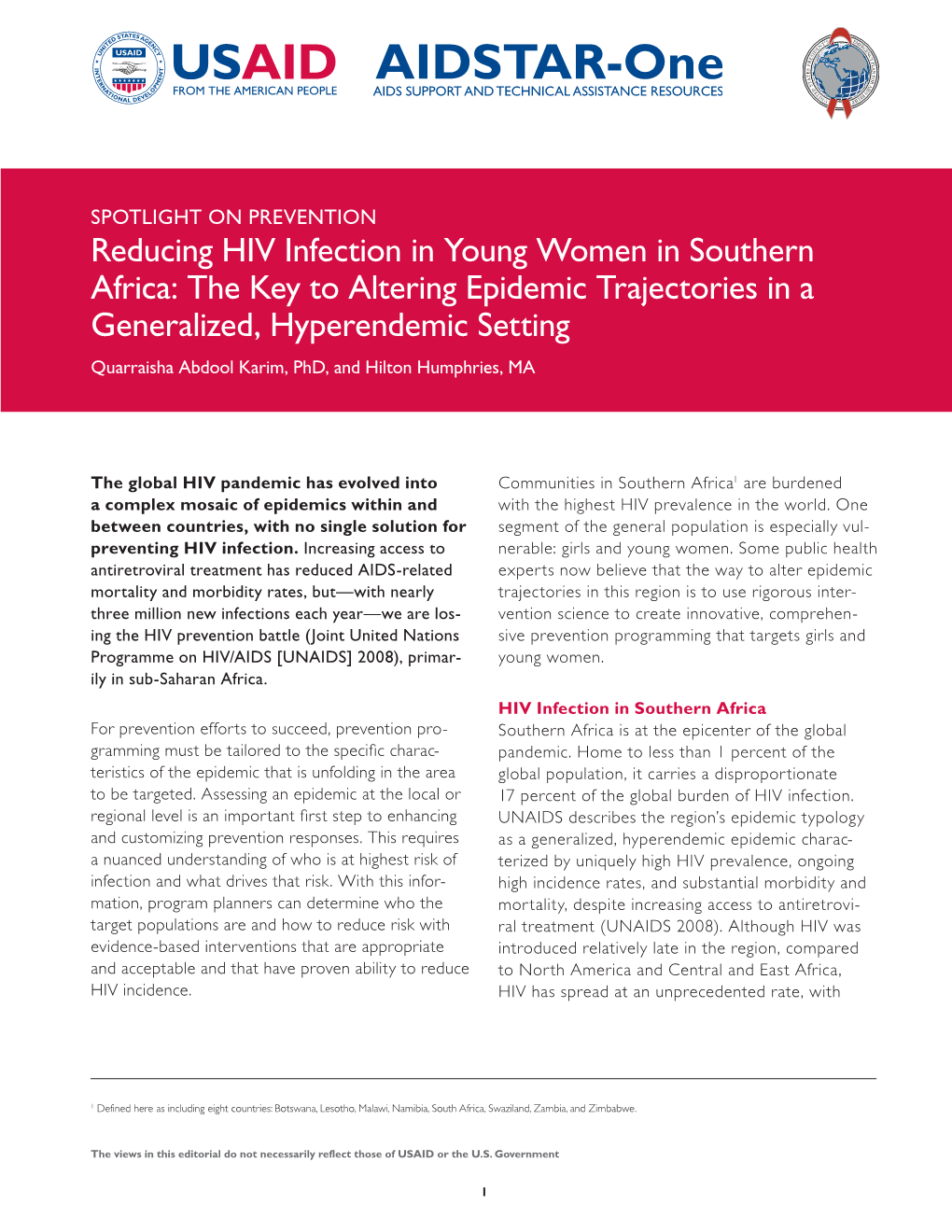 Reducing HIV Infection in Young Women in Southern Africa