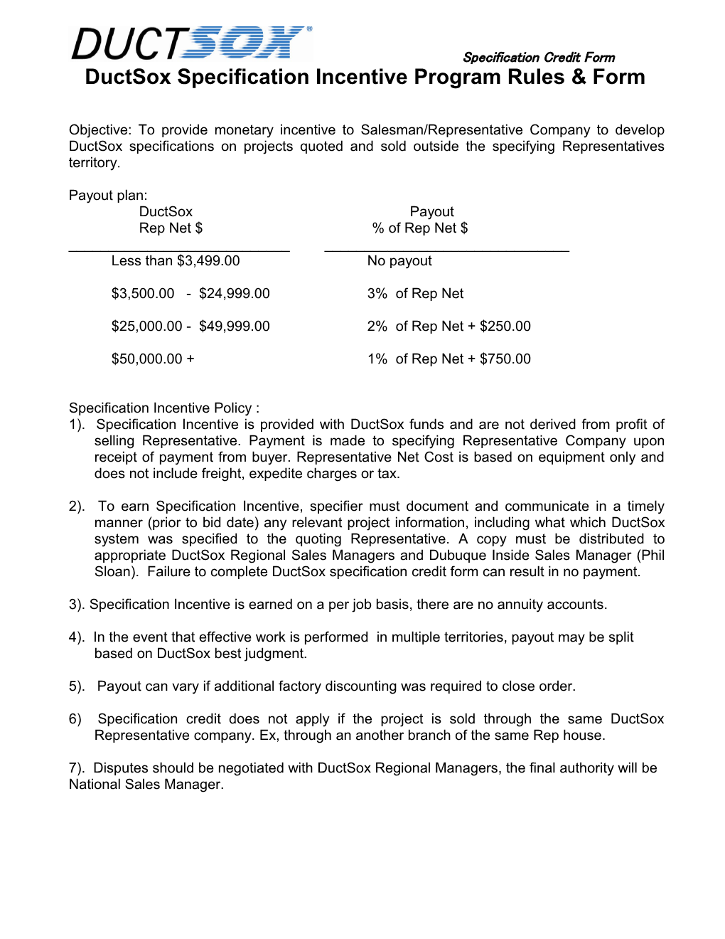 Ductsox Specification Incentive Program