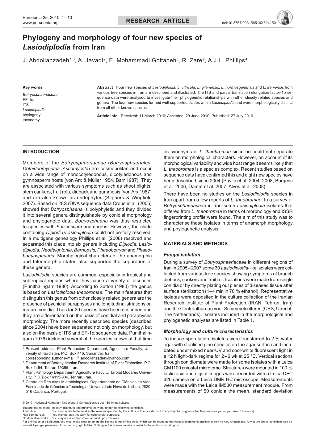 Phylogeny and Morphology of Four New Species of Lasiodiplodia from Iran