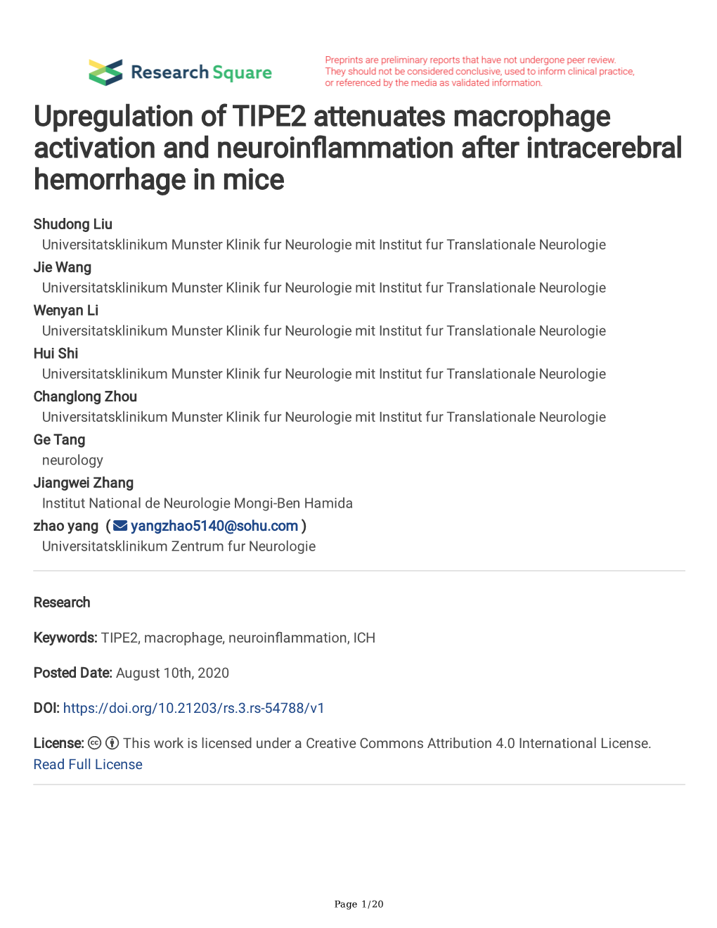 Upregulation of TIPE2 Attenuates Macrophage Activation and Neuroinfammation After Intracerebral Hemorrhage in Mice