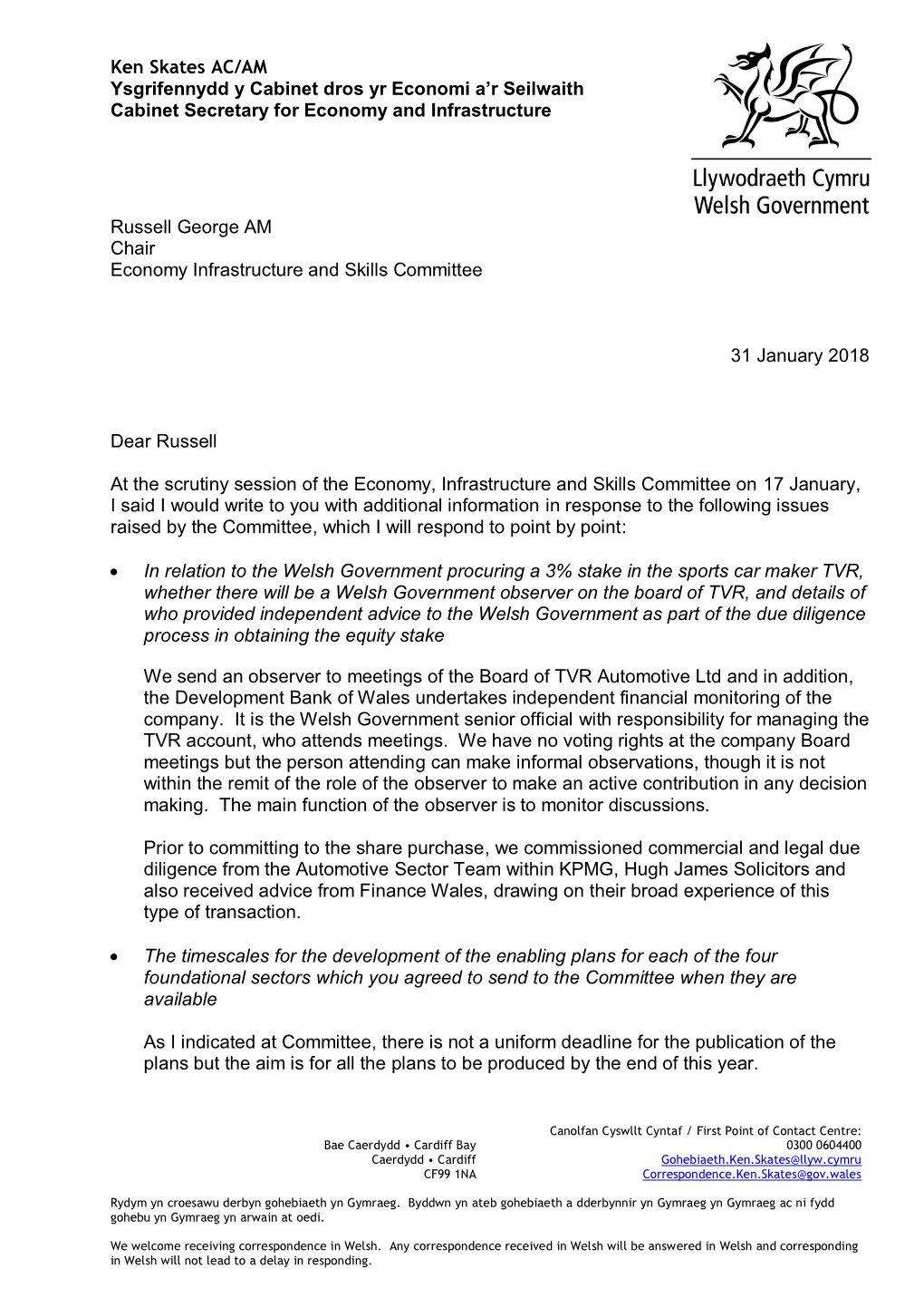 Correspondence from the Cabinet Secretary For