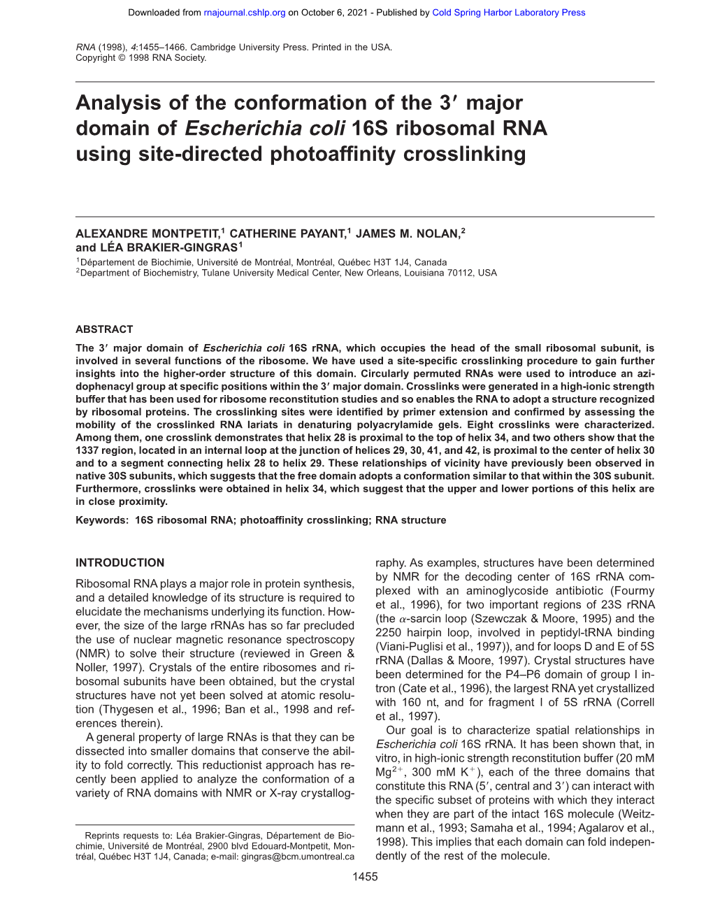 Domain of Escherichia Coli 16S Ribosomal RNA Using Site-Directed Photoaffinity Crosslinking