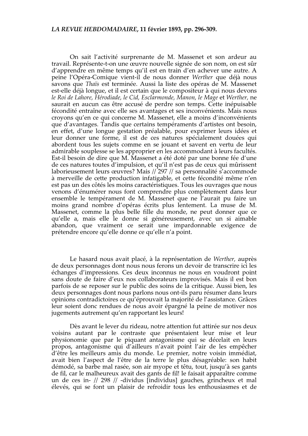 LA REVUE HEBDOMADAIRE, 11 Février 1893, Pp. 296-309. on Sait L