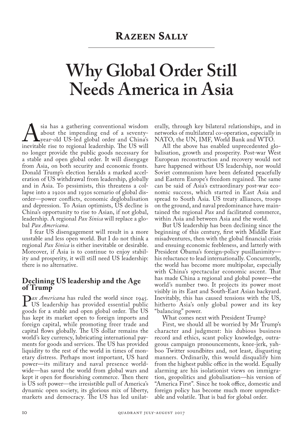 Why Global Order Still Needs America in Asia