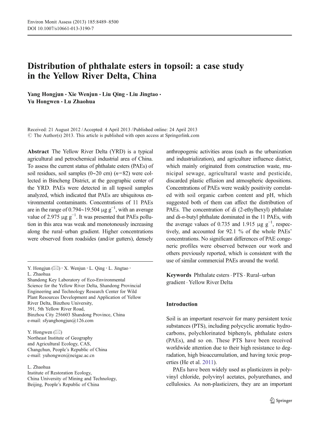 Distribution of Phthalate Esters in Topsoil: a Case Study in the Yellow River Delta, China