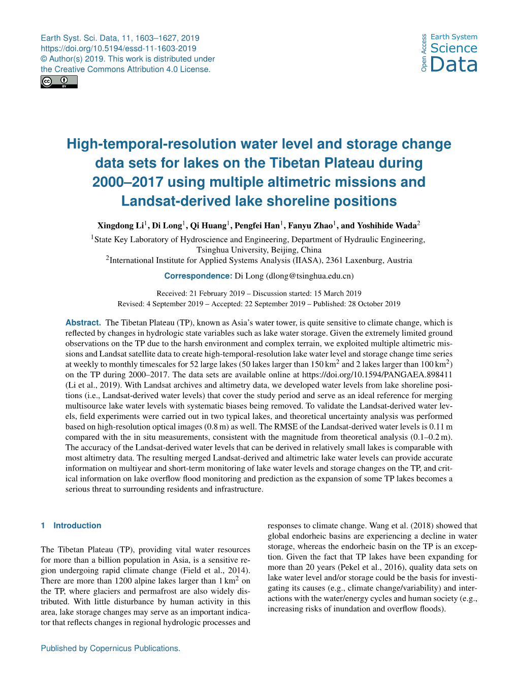 High-Temporal-Resolution Water Level and Storage Change Data Sets for Lakes on the Tibetan Plateau During 2000–2017 Using Mult