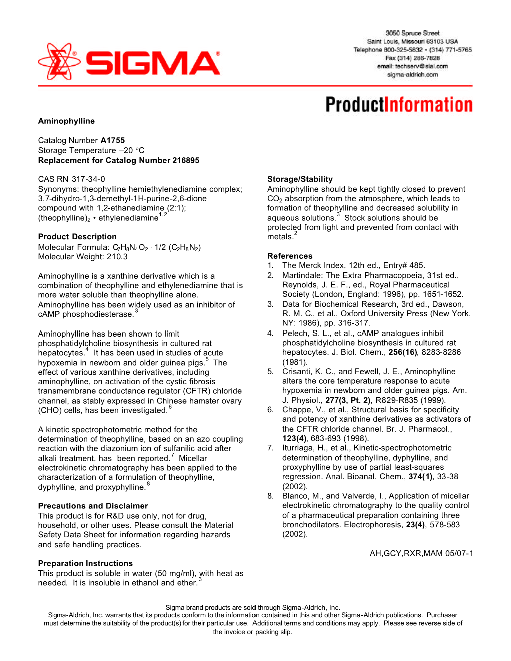 Aminophylline Catalog Number A1755 Storage