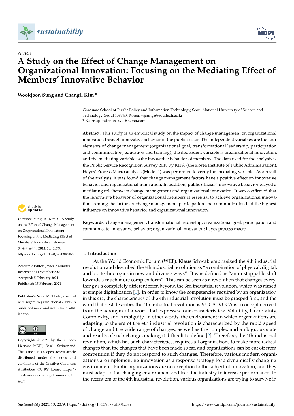 A Study on the Effect of Change Management on Organizational Innovation: Focusing on the Mediating Effect of Members’ Innovative Behavior