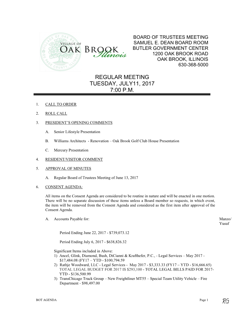 Regular Meeting Tuesday, July11, 2017 7:00 P.M