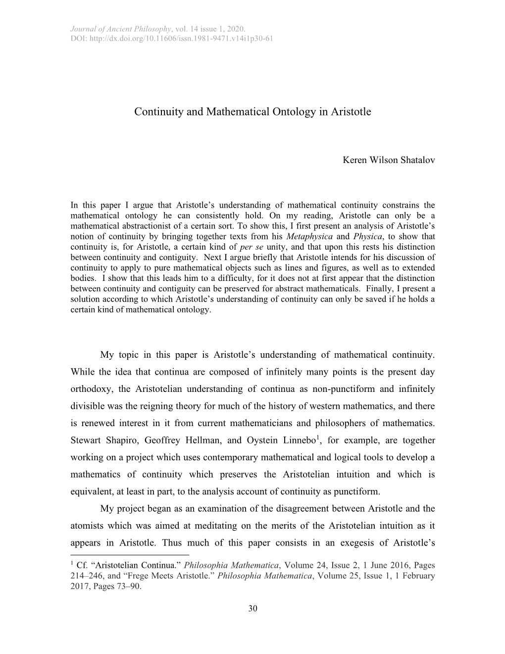 Continuity and Mathematical Ontology in Aristotle