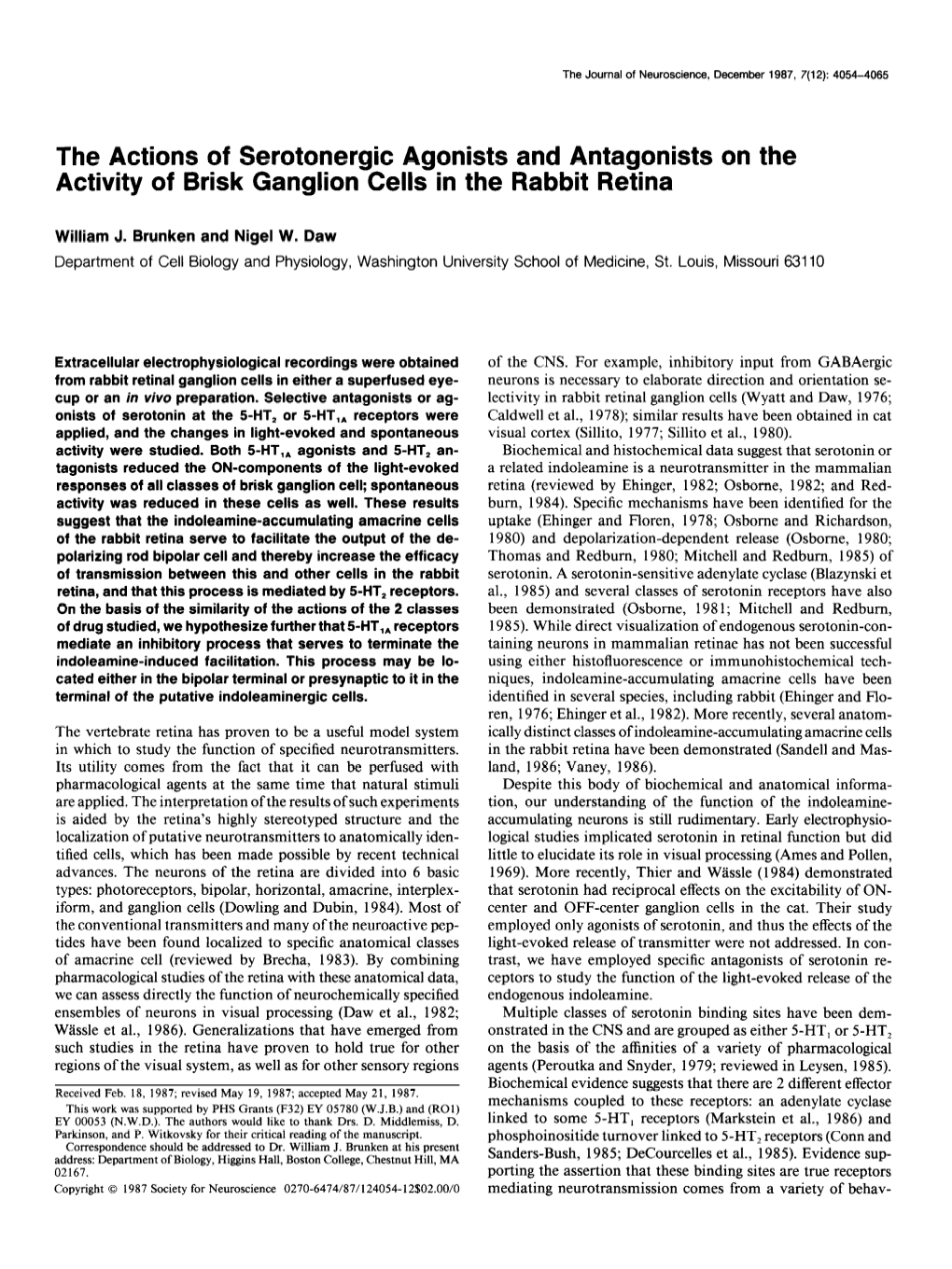 The Actions of Serotonergic Agonists and Antagonists Activity of Brisk Ganglion Cells in the Rabbit Retina On