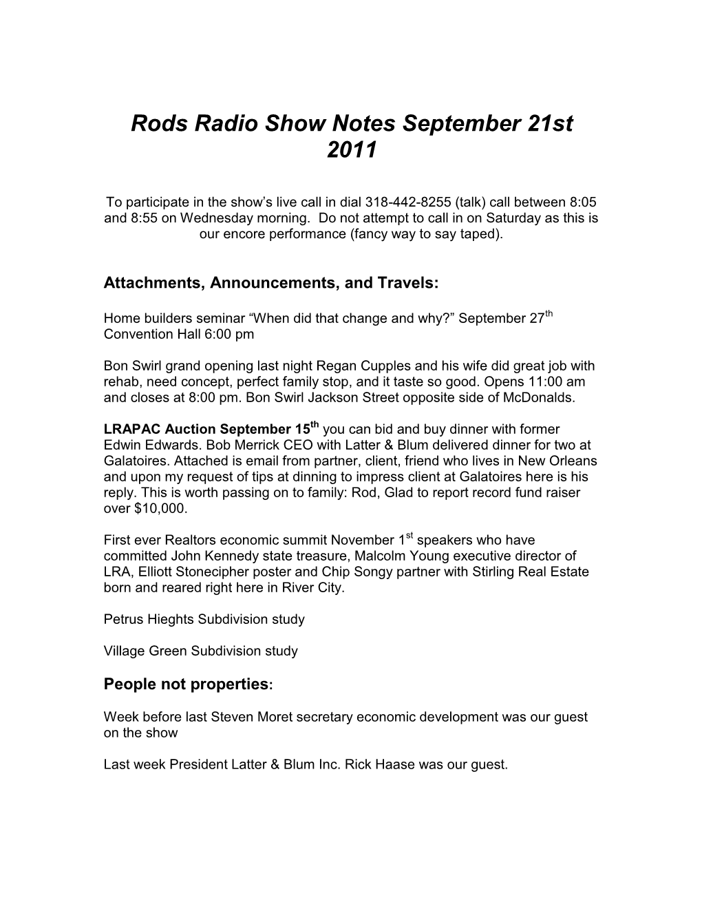 Rods Radio Show Notes September 21St 2011