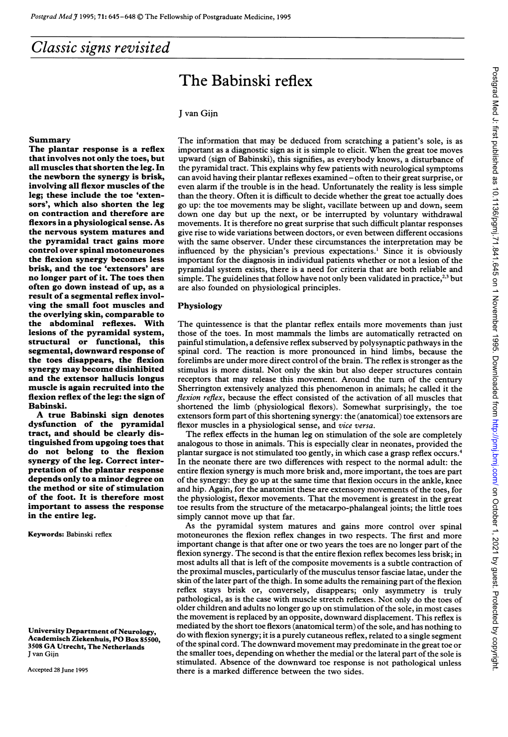 Classic Signs Revisited Postgrad Med J: First Published As 10.1136/Pgmj.71.841.645 on 1 November 1995