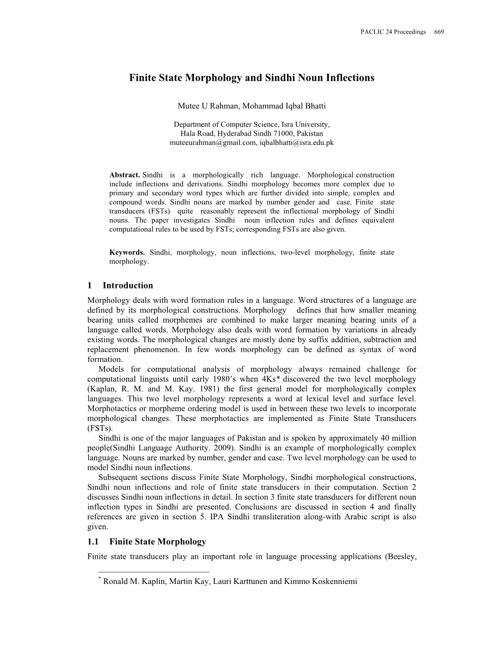 Finite State Morphology and Sindhi Noun Inflections