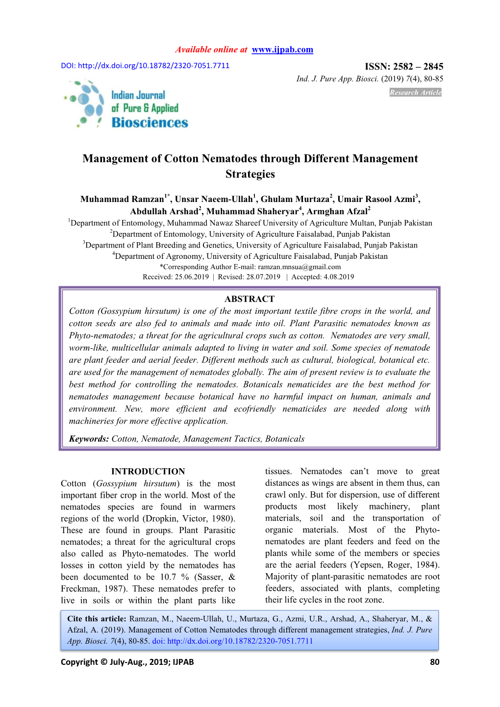 Management of Cotton Nematodes Through Different Management Strategies