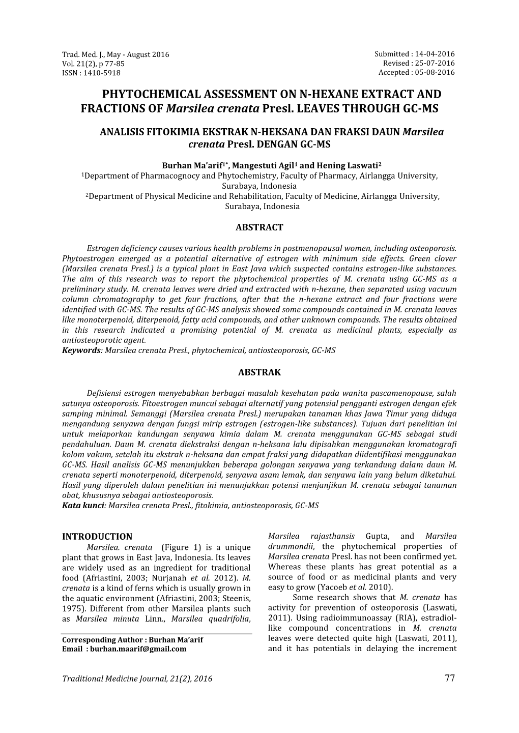 PHYTOCHEMICAL ASSESSMENT on N-HEXANE EXTRACT and FRACTIONS of Marsilea Crenata Presl