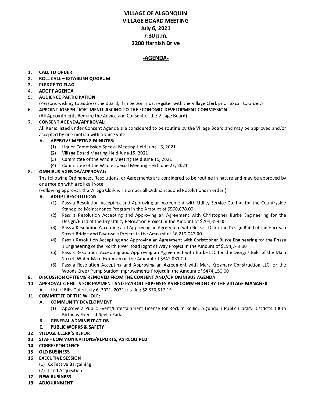 Village Board Meeting Packet: July 6, 2021