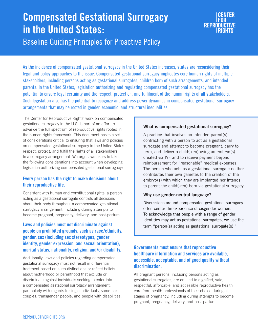 Compensated Gestational Surrogacy in the United States: Baseline Guiding Principles for Proactive Policy