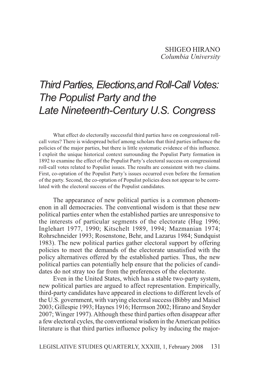 Third Parties, Elections,And Roll-Call Votes: the Populist Party and the Late Nineteenth-Century U.S