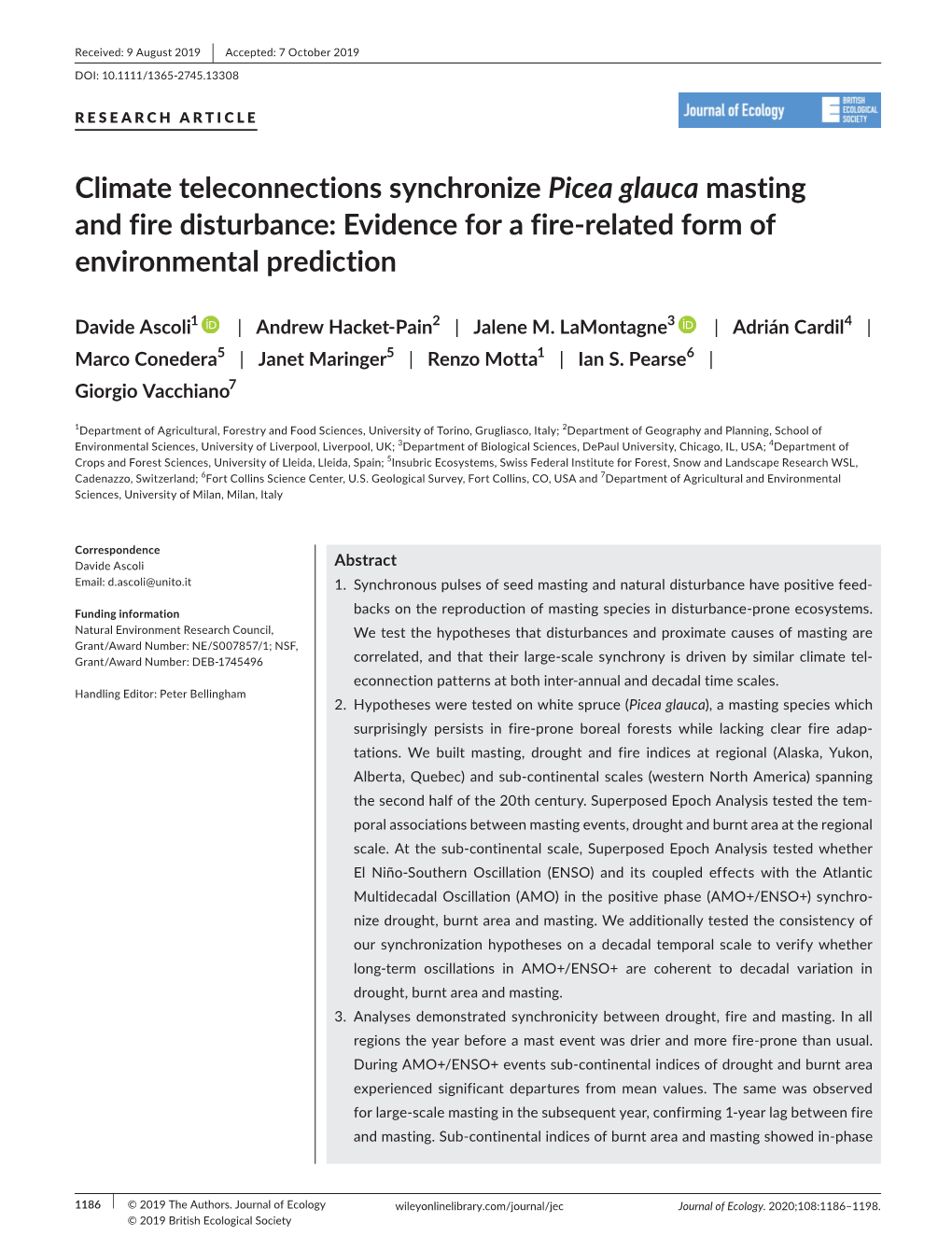 Climate Teleconnections Synchronize Picea Glauca Masting and Fire Disturbance: Evidence for a Fire‐Related Form of Environmental Prediction