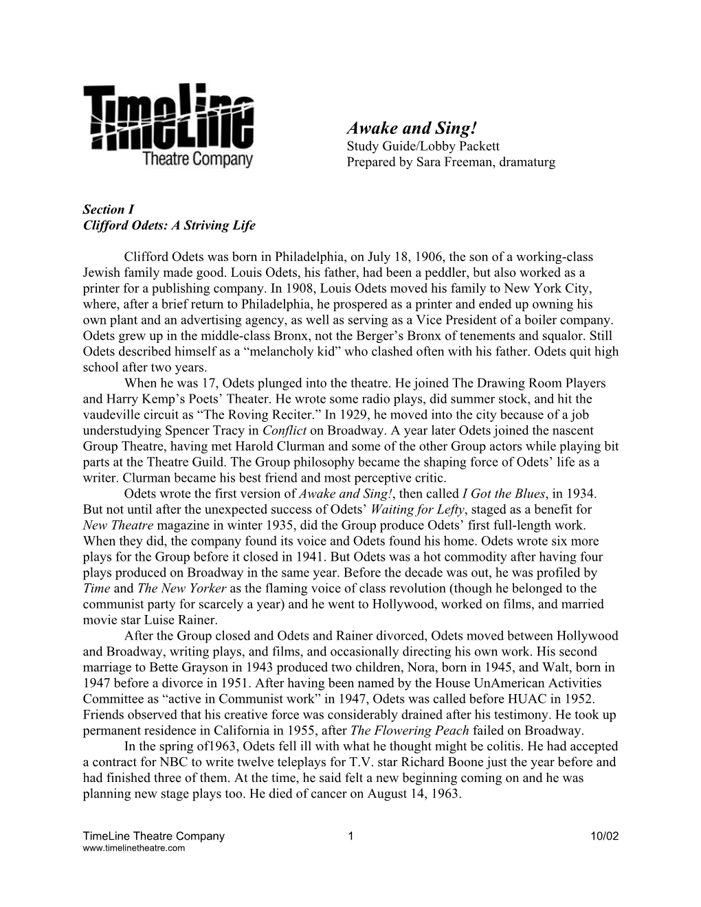 Awake and Sing! Study Guide/Lobby Packett Prepared by Sara Freeman, Dramaturg