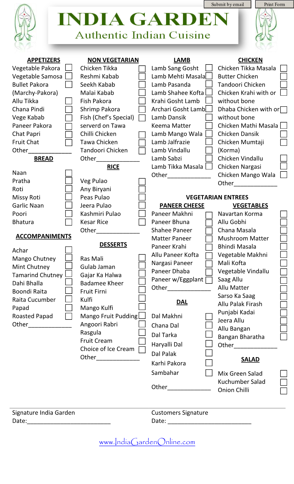 India Garden Catering Menu & Contract