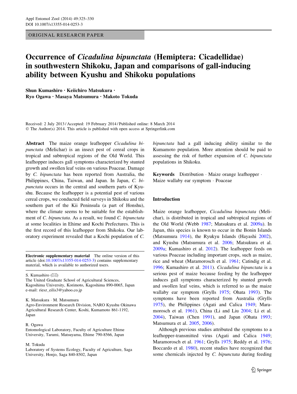 Occurrence of Cicadulina Bipunctata (Hemiptera: Cicadellidae) In