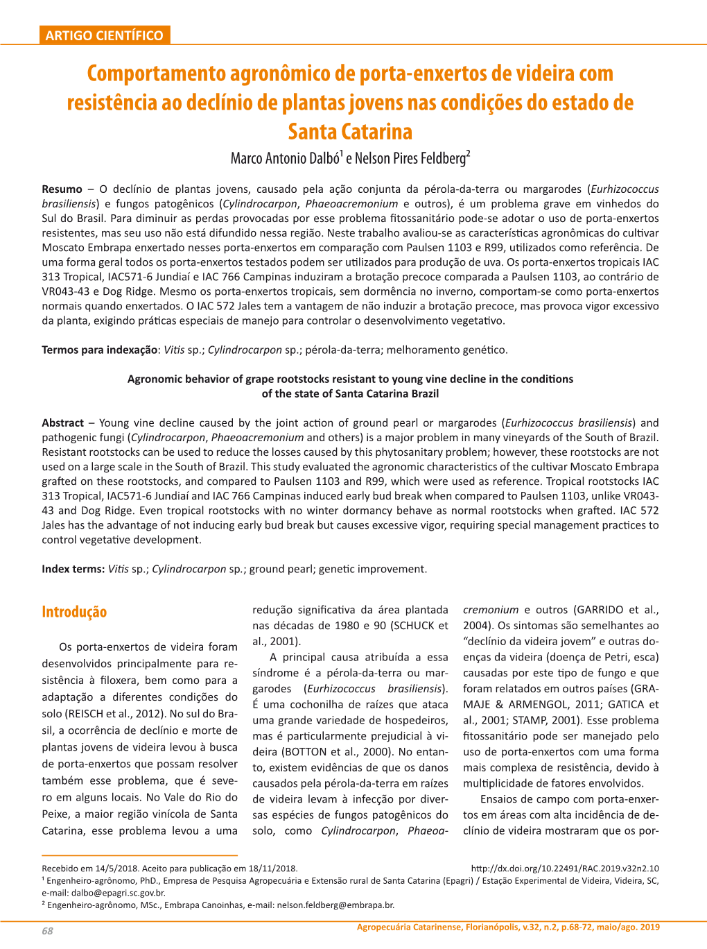 Comportamento Agronômico De Porta-Enxertos De Videira